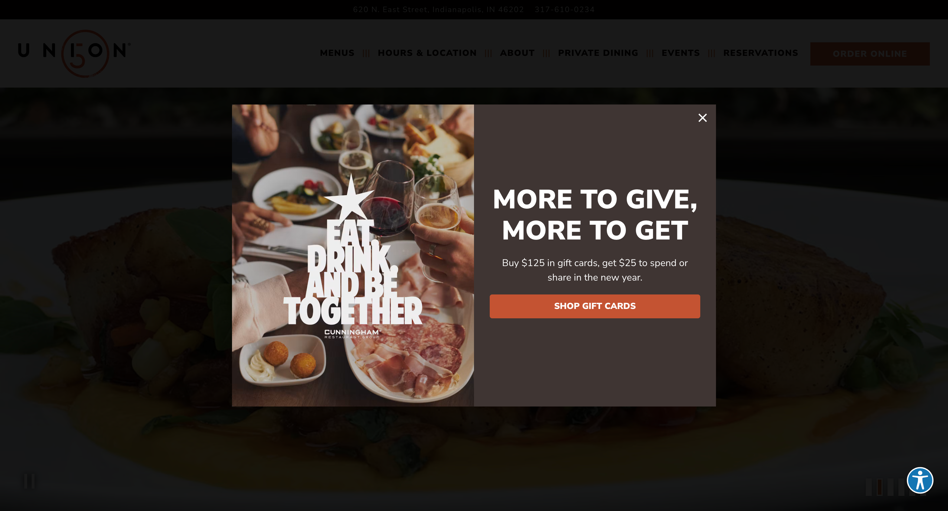 Holiday gift card pop-up shown on a restaurant website