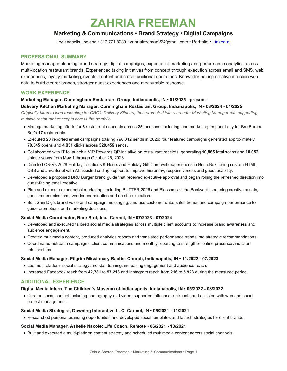 Zahria Hart resume page 1