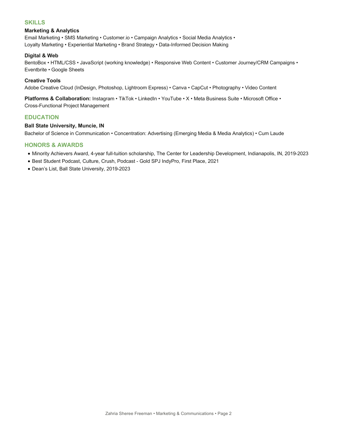 Zahria Hart resume page 2